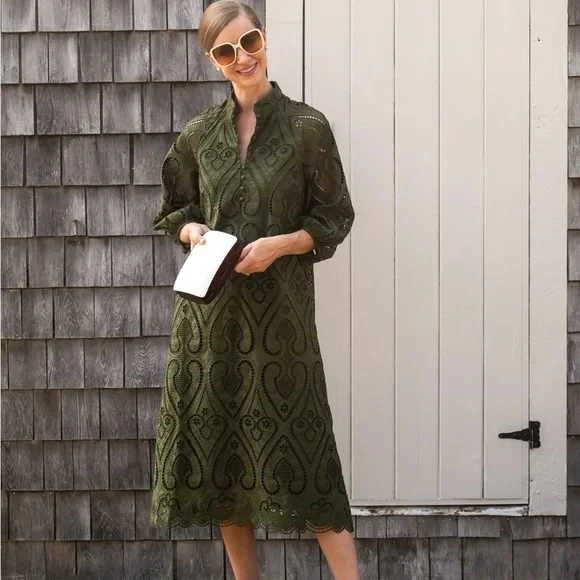 Tuckernuck Army Green Maryse Eyelet Lace Midi Dress medium - Picture 2 of 10